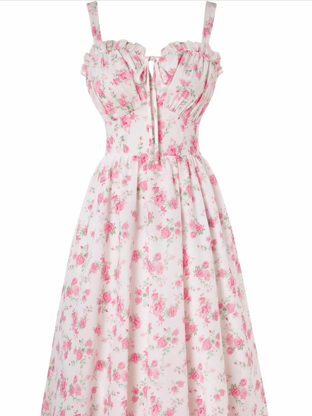 Pink Floral Midi Dress with Ruffle Trim